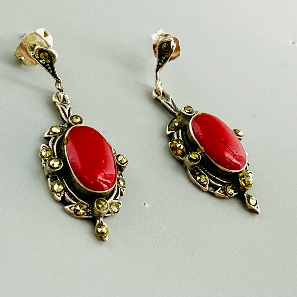 Vintage Sterling Silver Coral Red Cabochon & Marcasite Stones Earrings 1980s - Picture 9 of 16